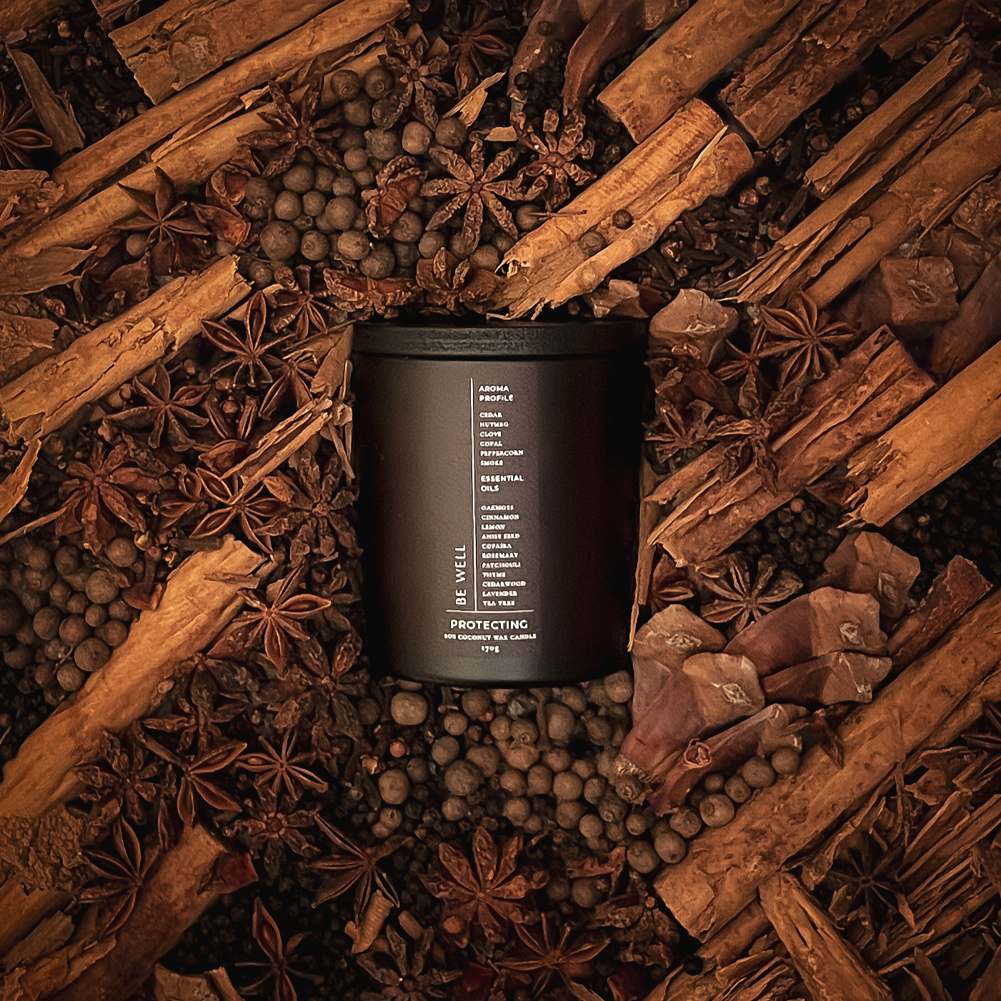 Black candle in a circle of cinnamon sticks, star anise, and other spices