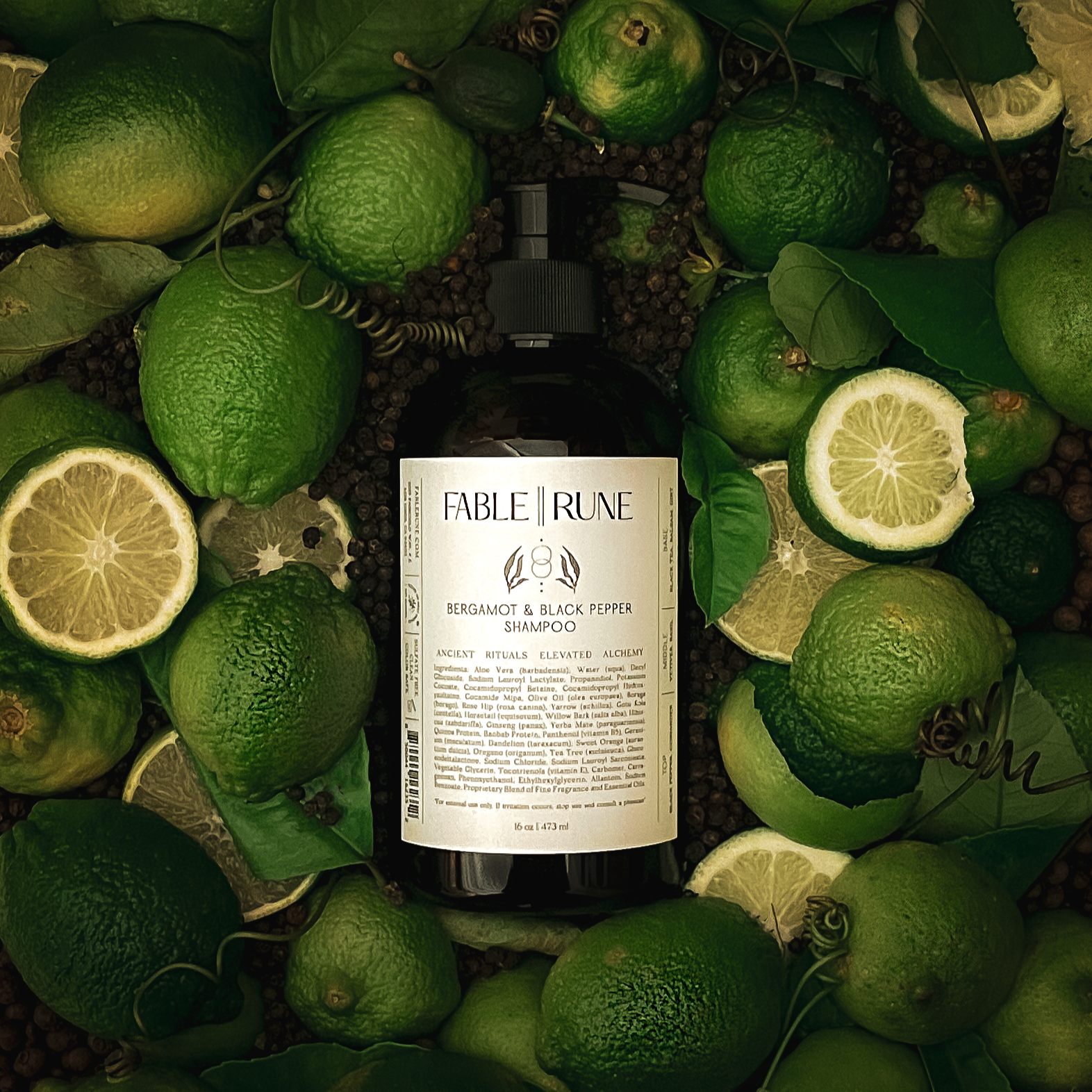 Bottle of shampoo with green bergamot citrus and leaves on a dark background