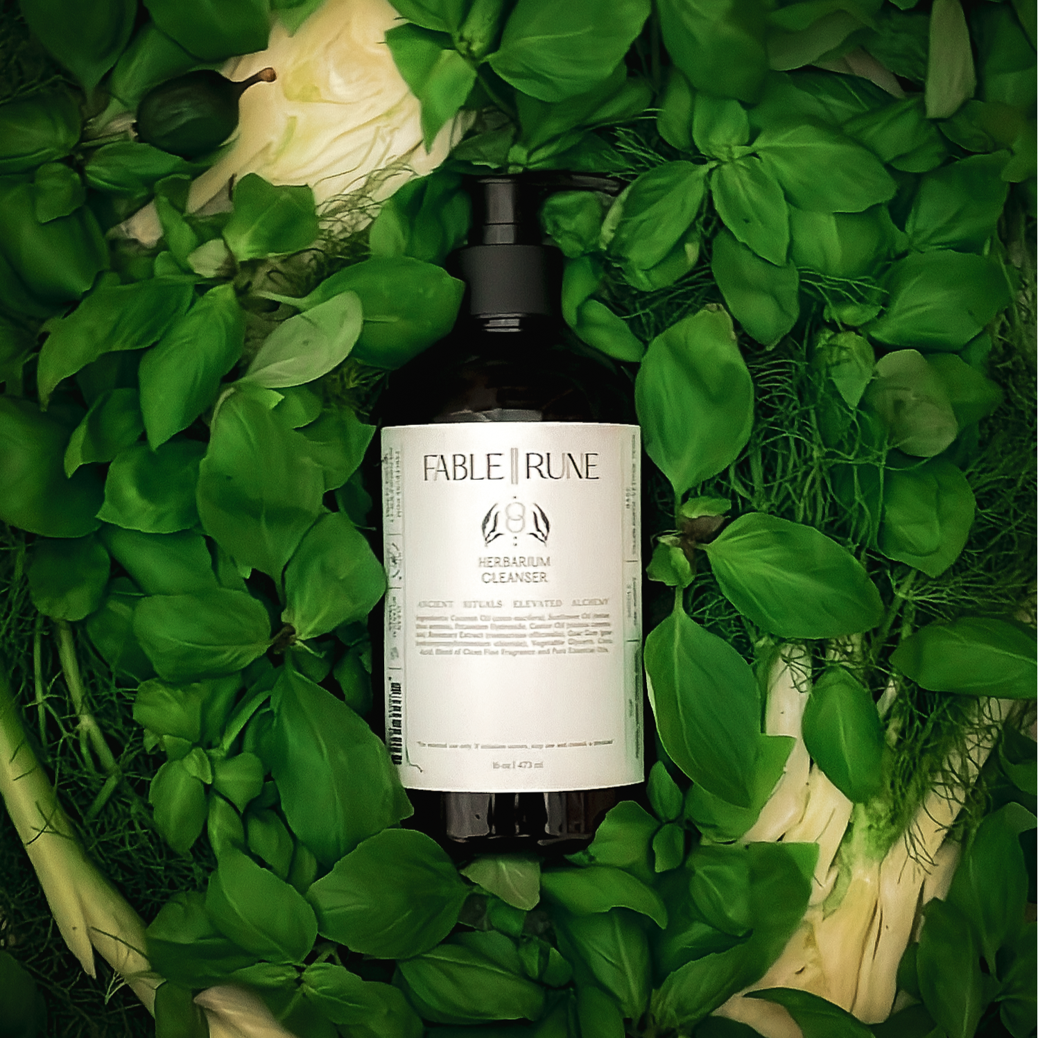 Bottle of cleanser product surrounded by green leaves and bergamot citrus