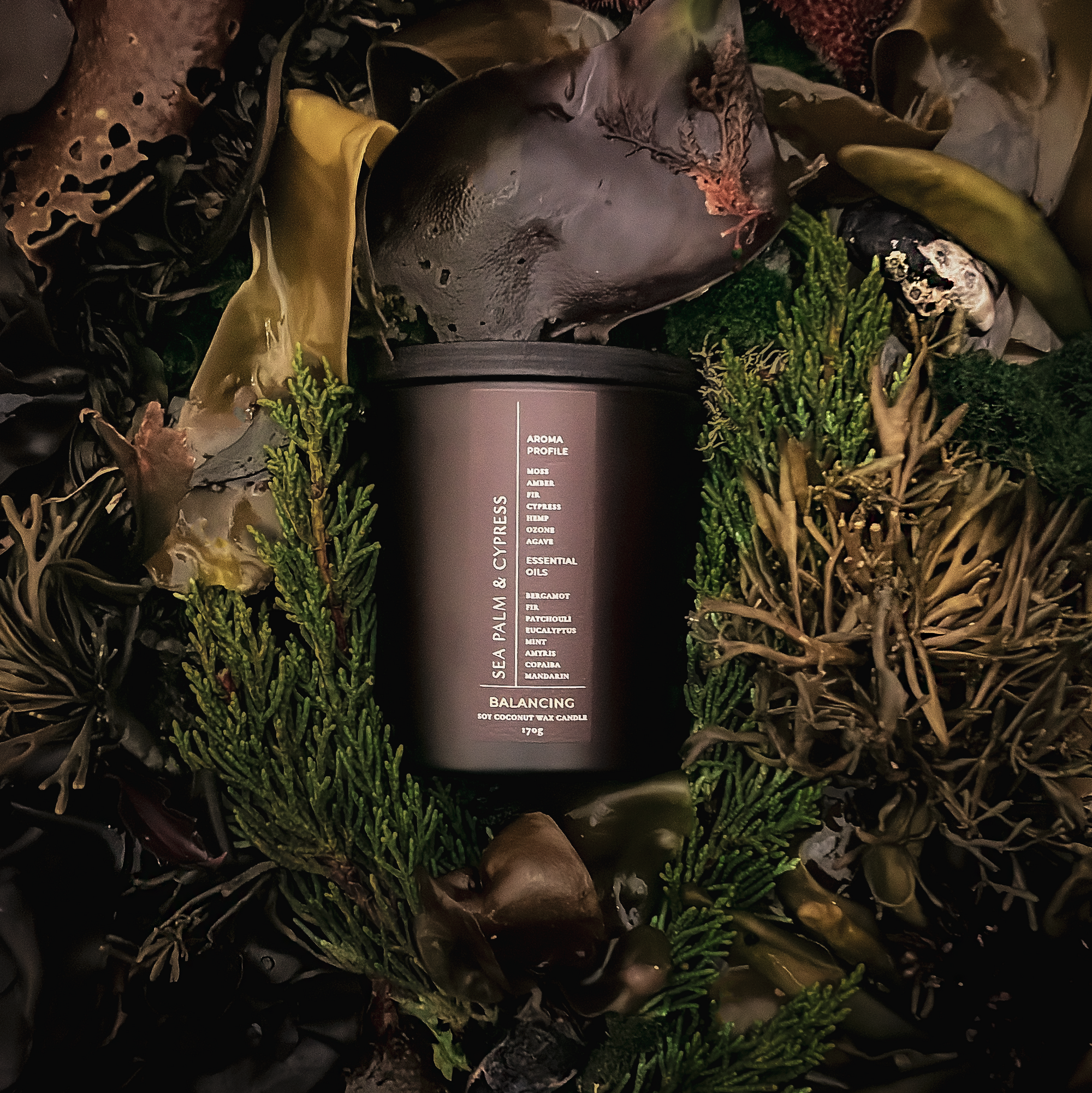 candle jar on a bed of dried leaves and herbs