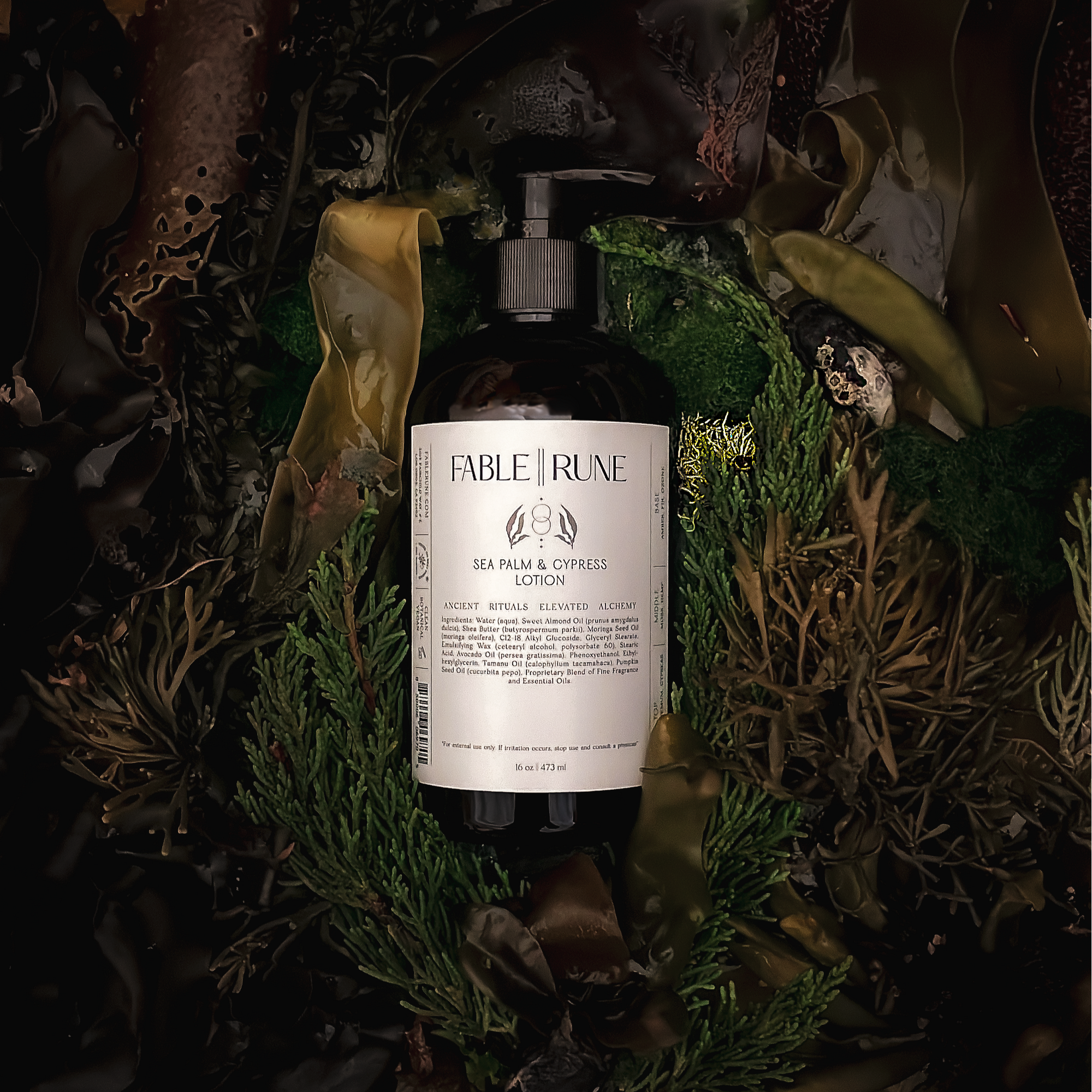 Bottle of  lotion surrounded by natural elements